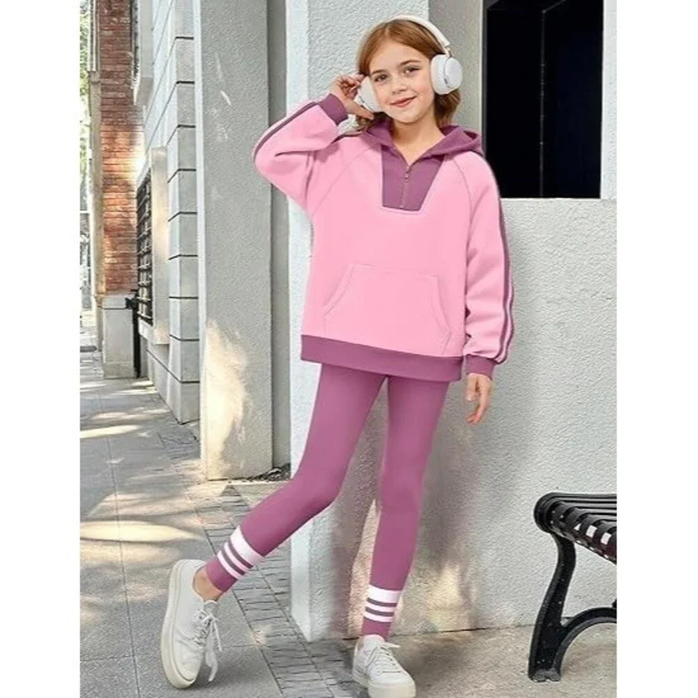 Girl’s 2 Piece Hoodie Sweatshirt Outfits Set 10-12Y 1/4 Zip Print Leggings